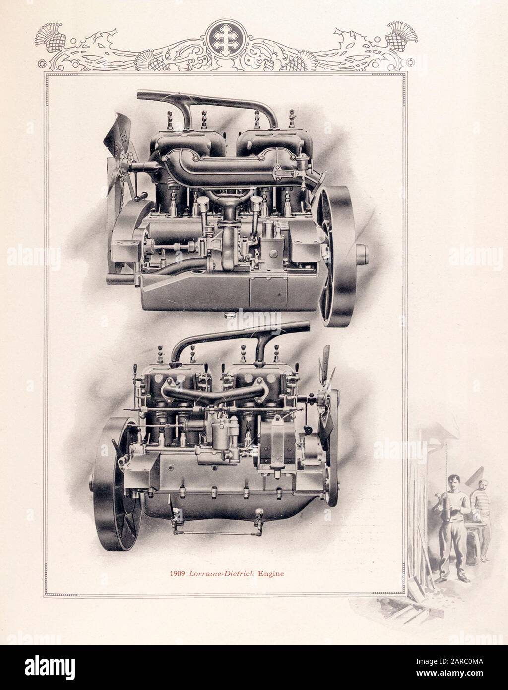 Lorraine Diétrich Automobiles, Vintage Car Engine, Illustration, 1909 Foto Stock
