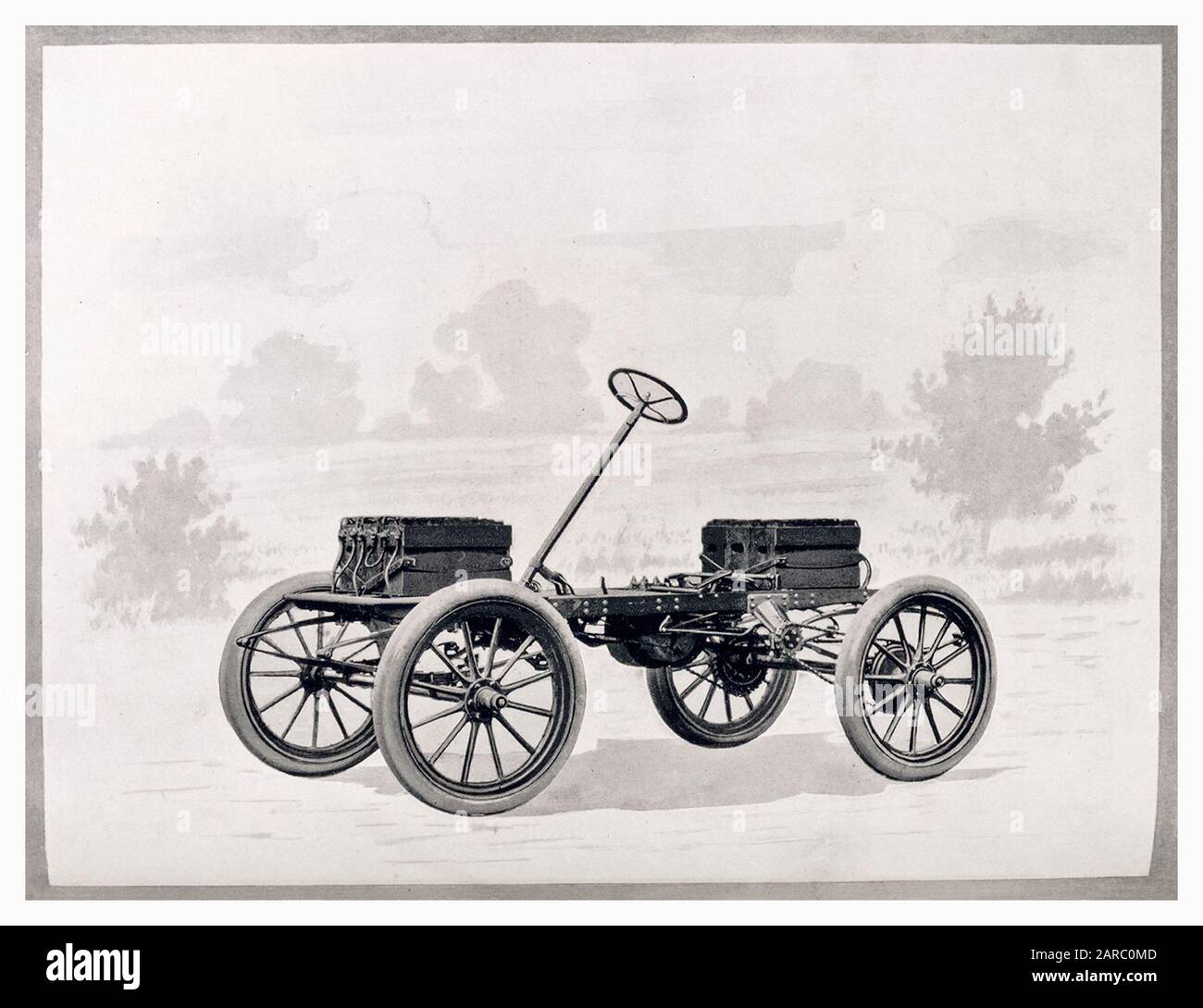 Auto d'epoca, veicolo elettrico (EV) precedente che mostra le batterie e lo stoccaggio delle batterie sul telaio, Babcock Electrics, illustrazione 1909 Foto Stock