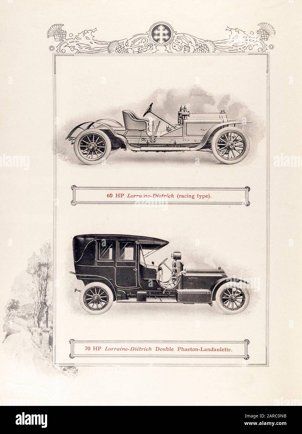 Lorraine Diétrich Automobiles, Vintage Car, 60 HP Racing Type, e, 70 HP Double Phaeton Landaulette, illustrazione, 1909 Foto Stock
