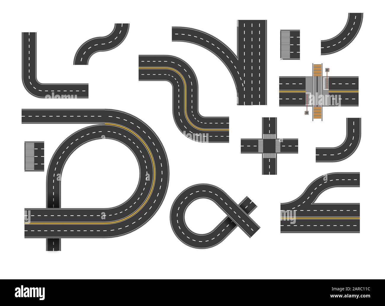 Serie di curve stradali e curve autostradali con vista dall'alto Illustrazione Vettoriale