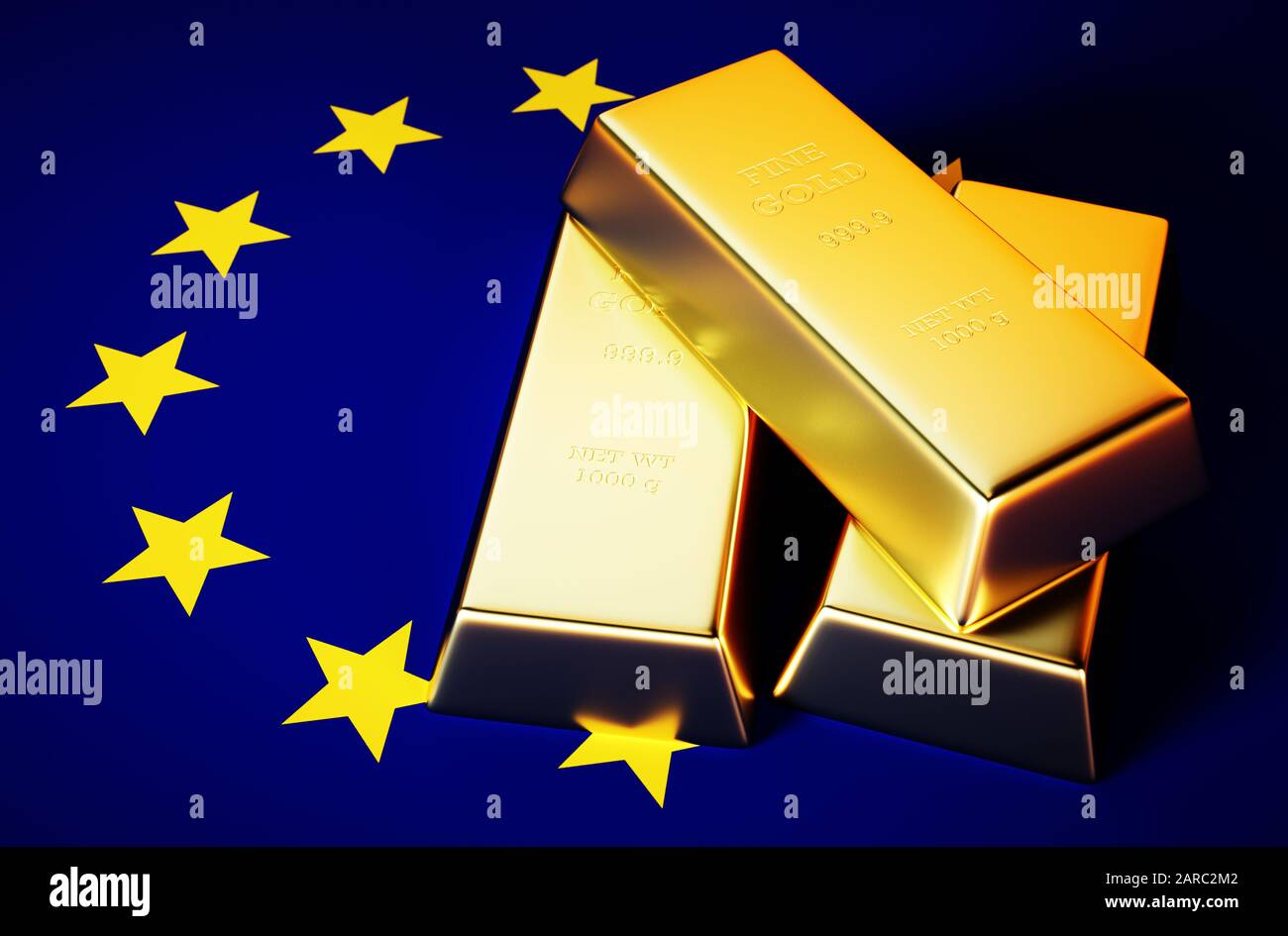 3D immagine fotorealistica di mattoni dorati con sfondo UE Foto Stock