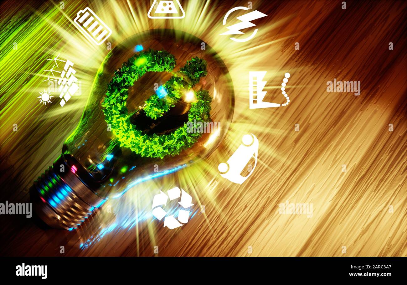 Concetto di tecnologia per l'innovazione dell'energia verde. Immagine generata dal computer 3D. Foto Stock