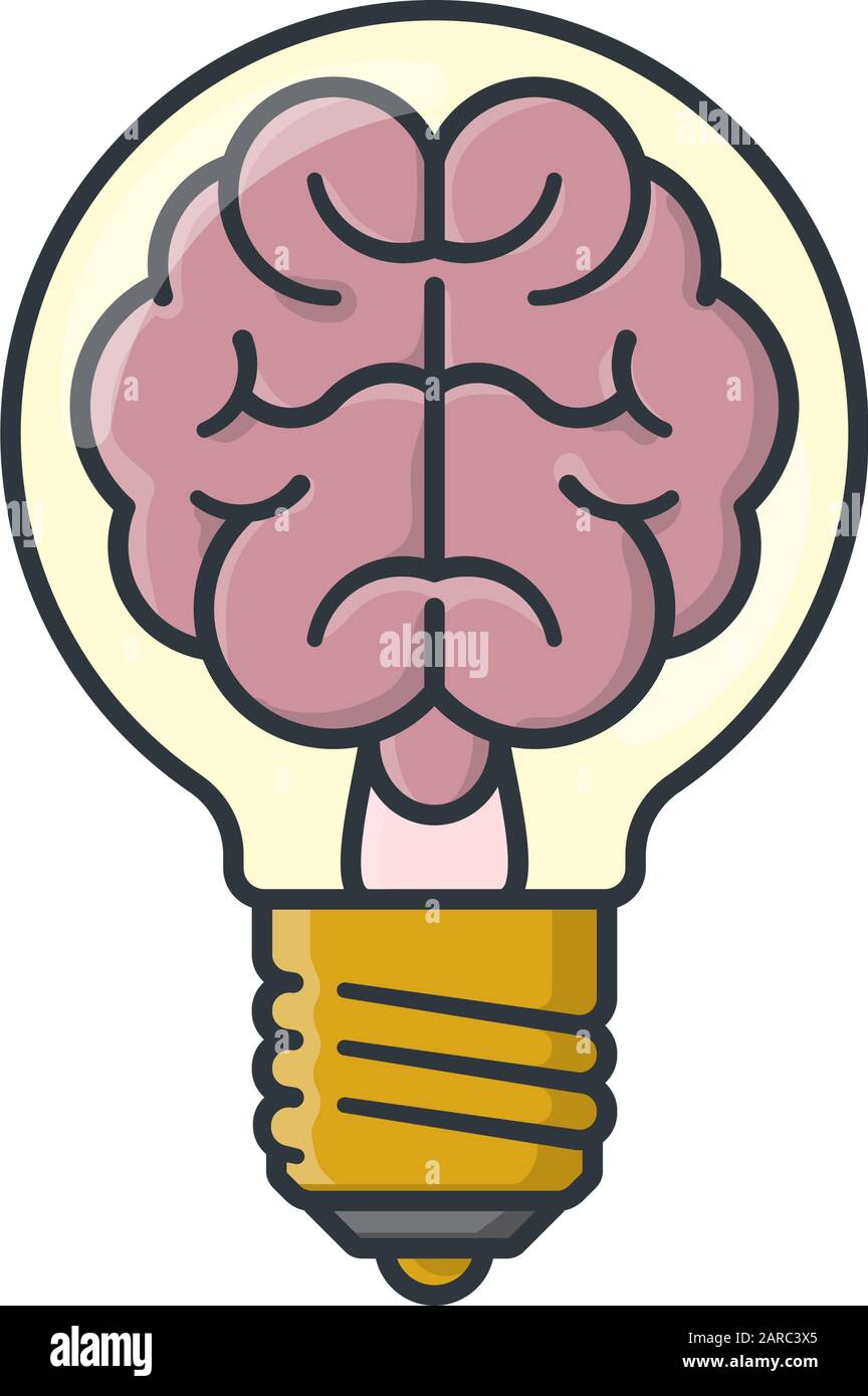 Cervello in lampadina. Illustrazione vettoriale del concetto di innovazione. Simbolo del colore della creatività. Illustrazione Vettoriale