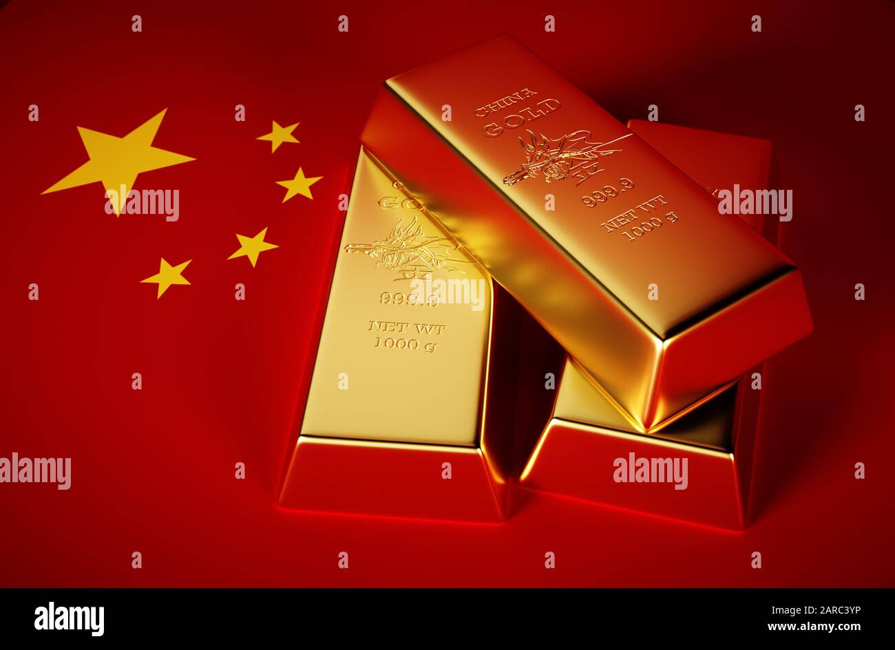 3D immagine fotorealistica di mattoni dorati con sfondo cinese Foto Stock