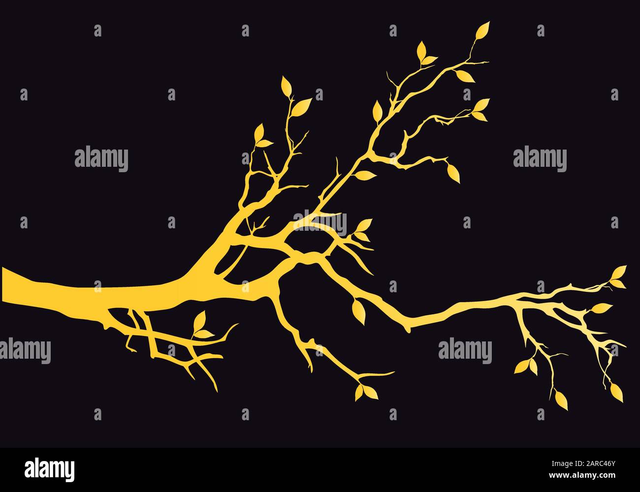 Ramo di albero d'oro con foglie, illustrazione vettoriale su sfondo nero Illustrazione Vettoriale