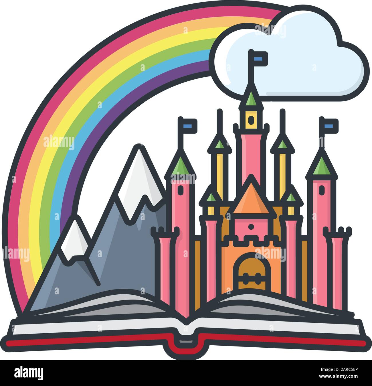 Concetto fiaba isolato. Castello, arcobaleno e montagne in un libro vettore illustrazione Illustrazione Vettoriale
