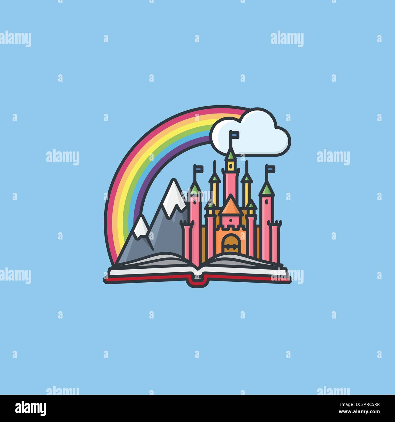 Il concetto di fiaba per TellAFairyTaleDay il 26 febbraio. Castello, arcobaleno e montagne in un libro vettore illustrazione Illustrazione Vettoriale