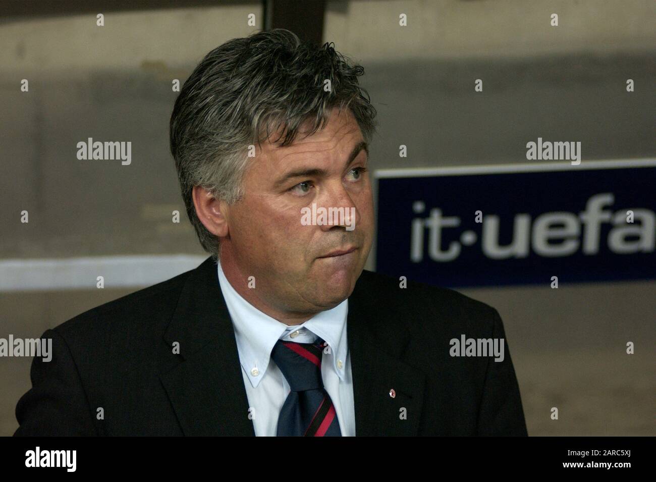 Milano Italia 07 Maggio 2003, Stadio 'G.MEAZZA SAN SIRO', UEFA Champions League 2002/2003, AC Milan - FC Inter: Il coach di Milano Carlo Ancelotti prima della partita Foto Stock