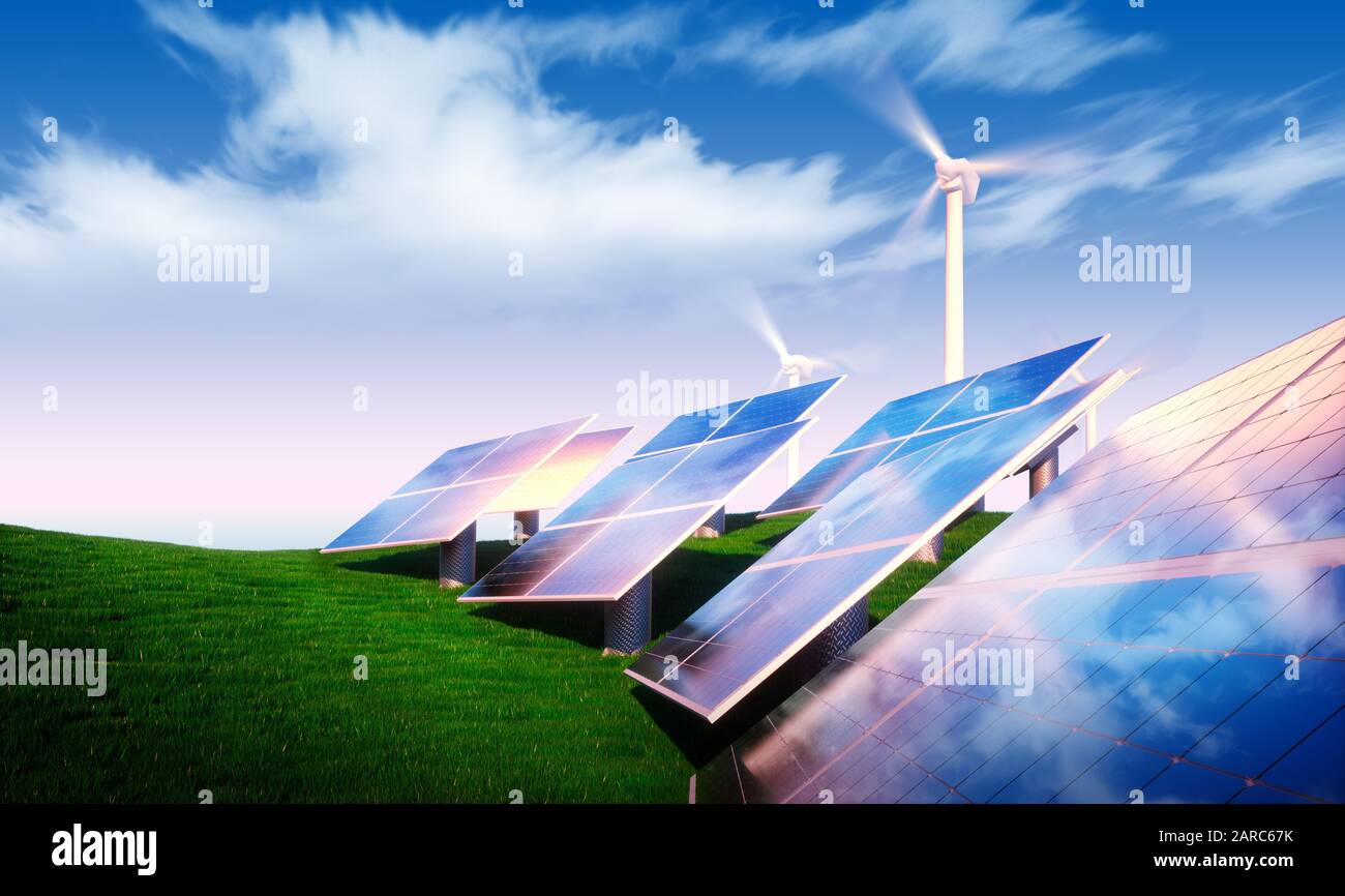 Concetto di energia rinnovabile - fotovoltaico con turbine eoliche di nuova natura Foto Stock