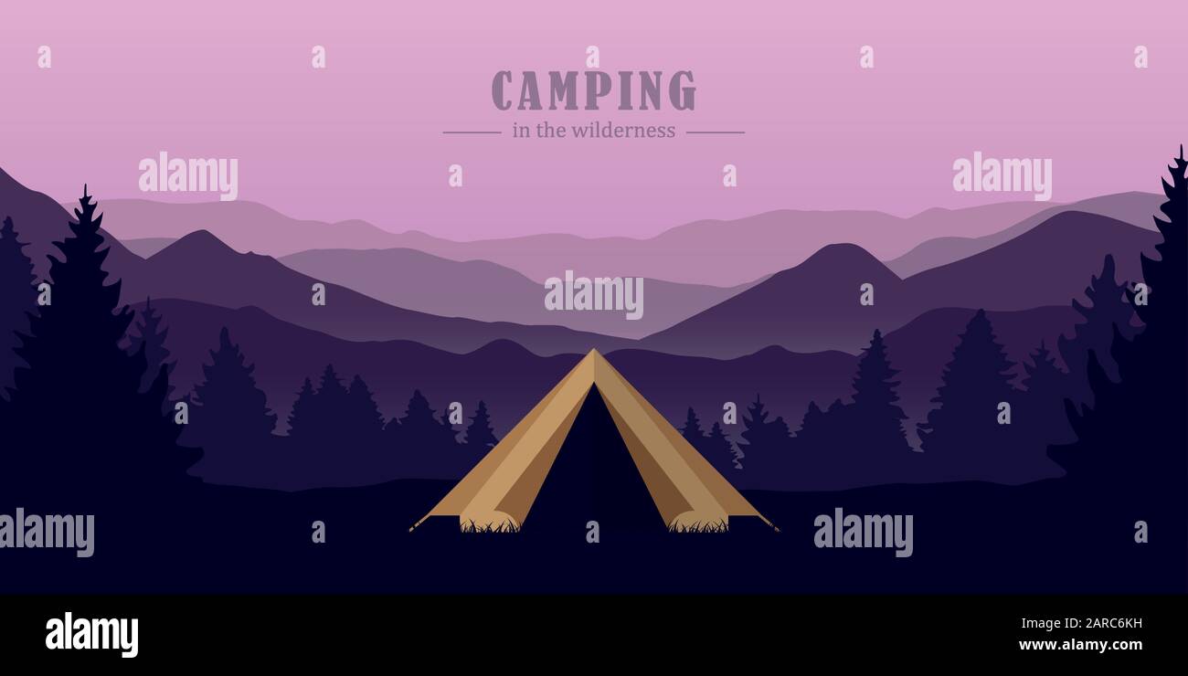 Avventura in campeggio nella tenda selvaggia nella foresta in montagna paesaggio vettore illustrazione EPS10 Illustrazione Vettoriale