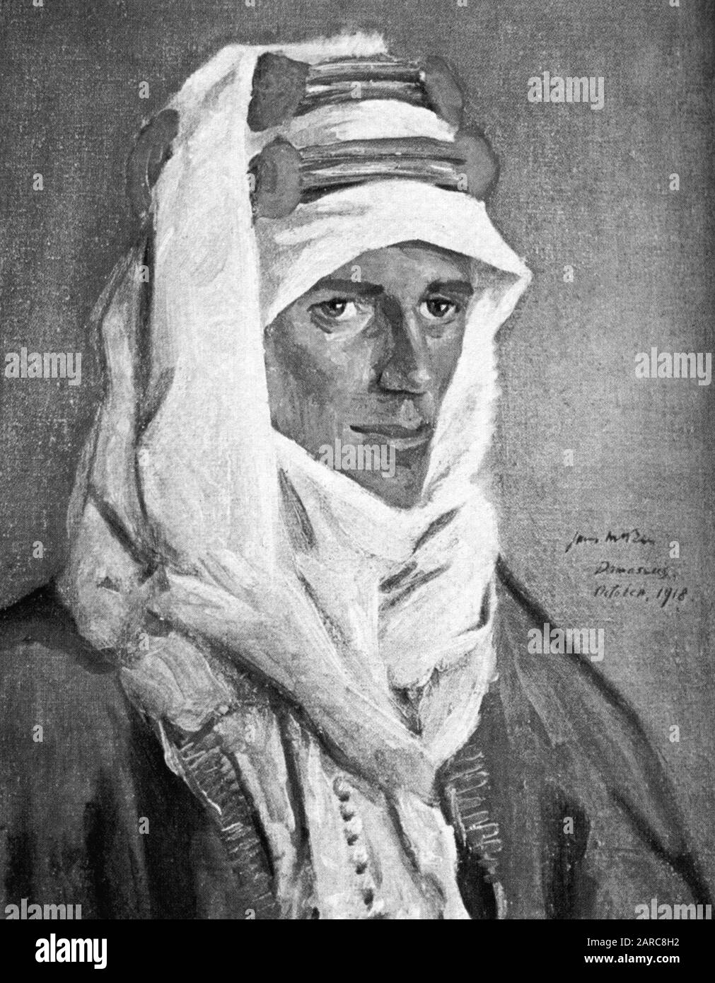 T.E. Lawrence, ritratto in abito arabo dell'artista della guerra ufficiale James McBey. Dipinto a Damasco 1918 Foto Stock
