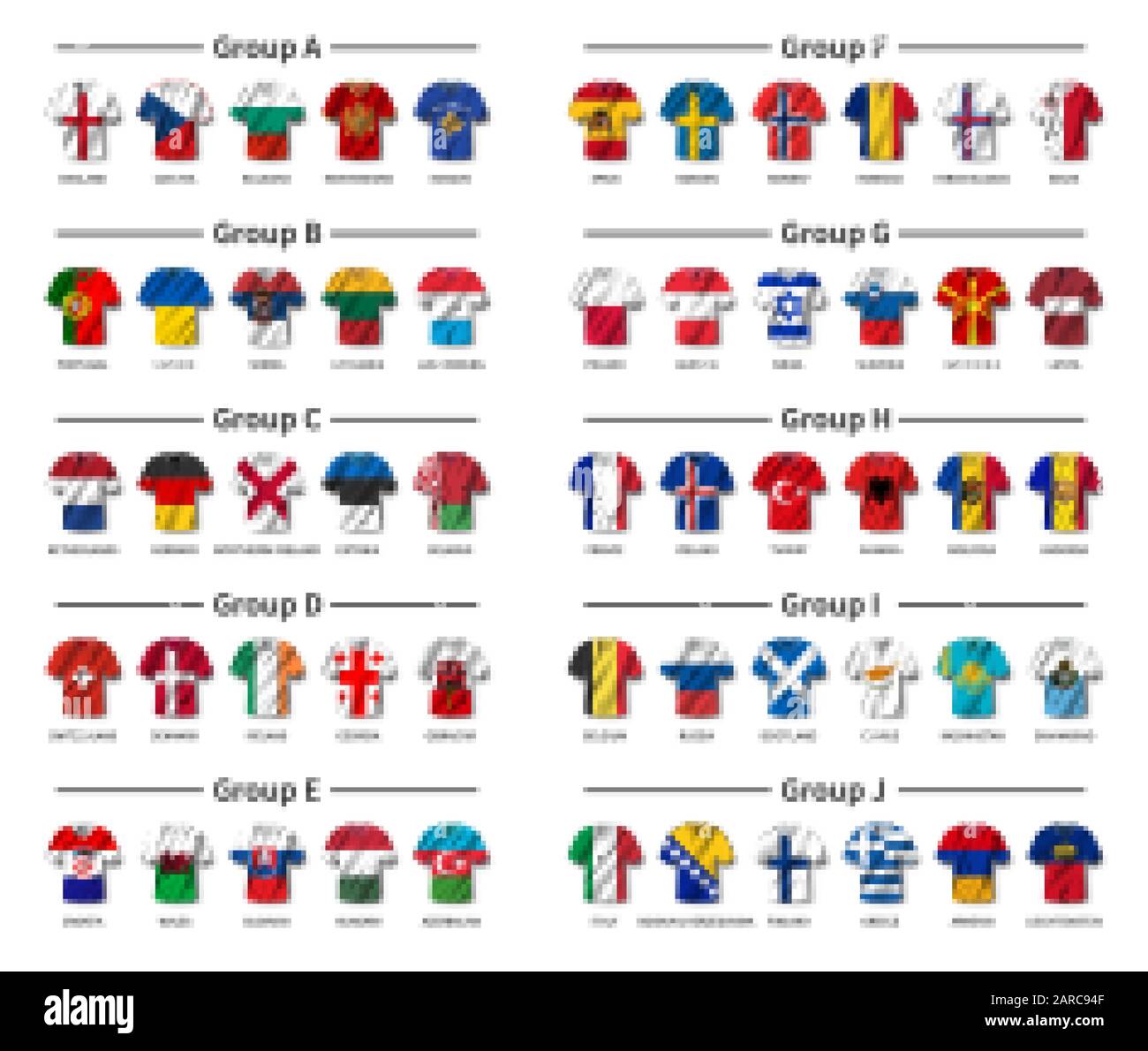 Concorso europeo di qualificazione per il torneo di calcio 2020 . Gruppo di squadre internazionali . Maglia da calcio con bandiera di campagna ondulata . Sfondo a tema bianco Illustrazione Vettoriale