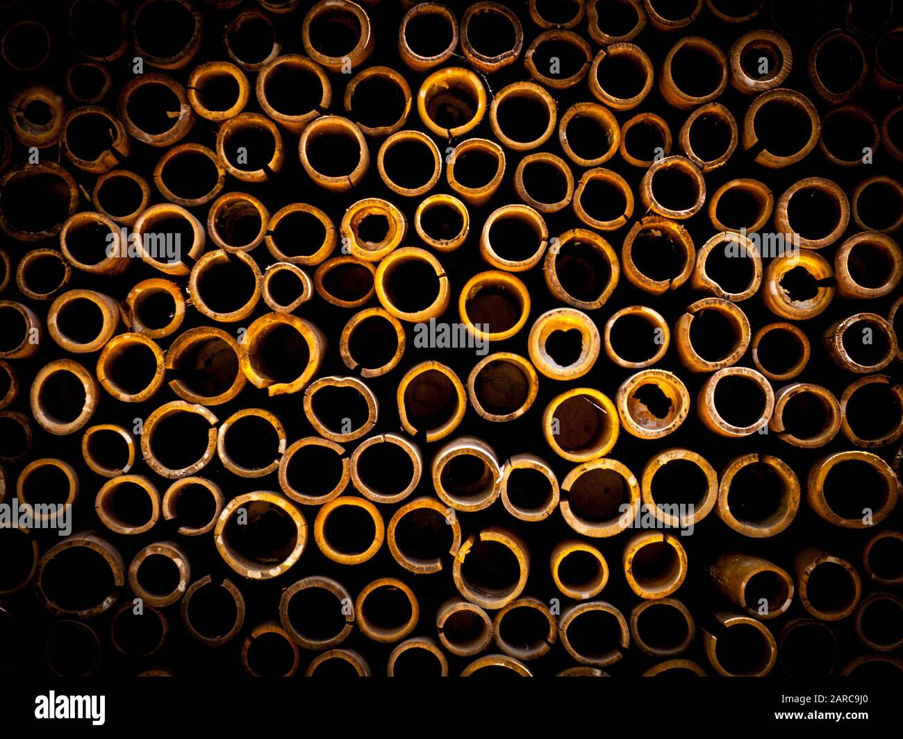 Primo piano di tubi di rivestimento in acciaio di colore giallo che creano l'illusione di un alveare Foto Stock