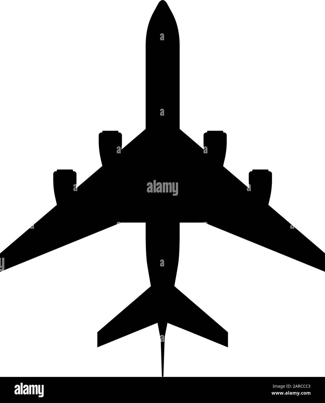 Grande aereo jet passeggeri con quattro motori icona nera. Vista dall'alto dell'aereo di volo dell'aviazione civile. Illustrazione del vettore piatto Illustrazione Vettoriale