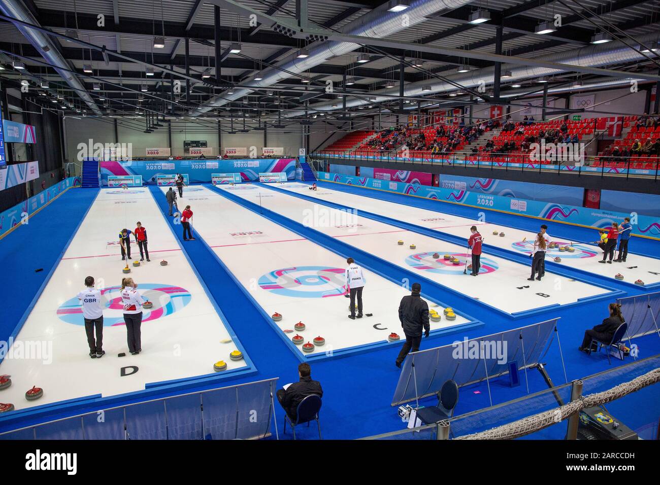 I Giochi Olimpici Giovanili di Losanna 2020 del 20th gennaio 2020 presso la Champery Curling Arena in Svizzera. Foto Stock
