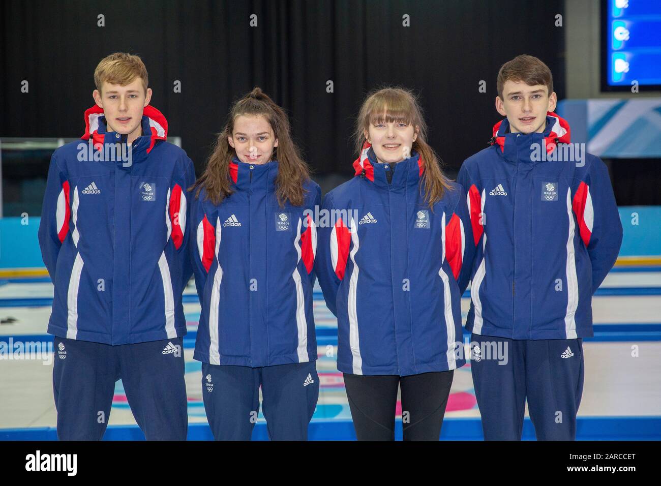 Team GB curling team Jamie Rankin, Hannah Farries, Robyn Mitchell e Ross Craik ai Giochi Olimpici della Gioventù di Losanna 2020 il 20th gennaio 2020. Foto Stock