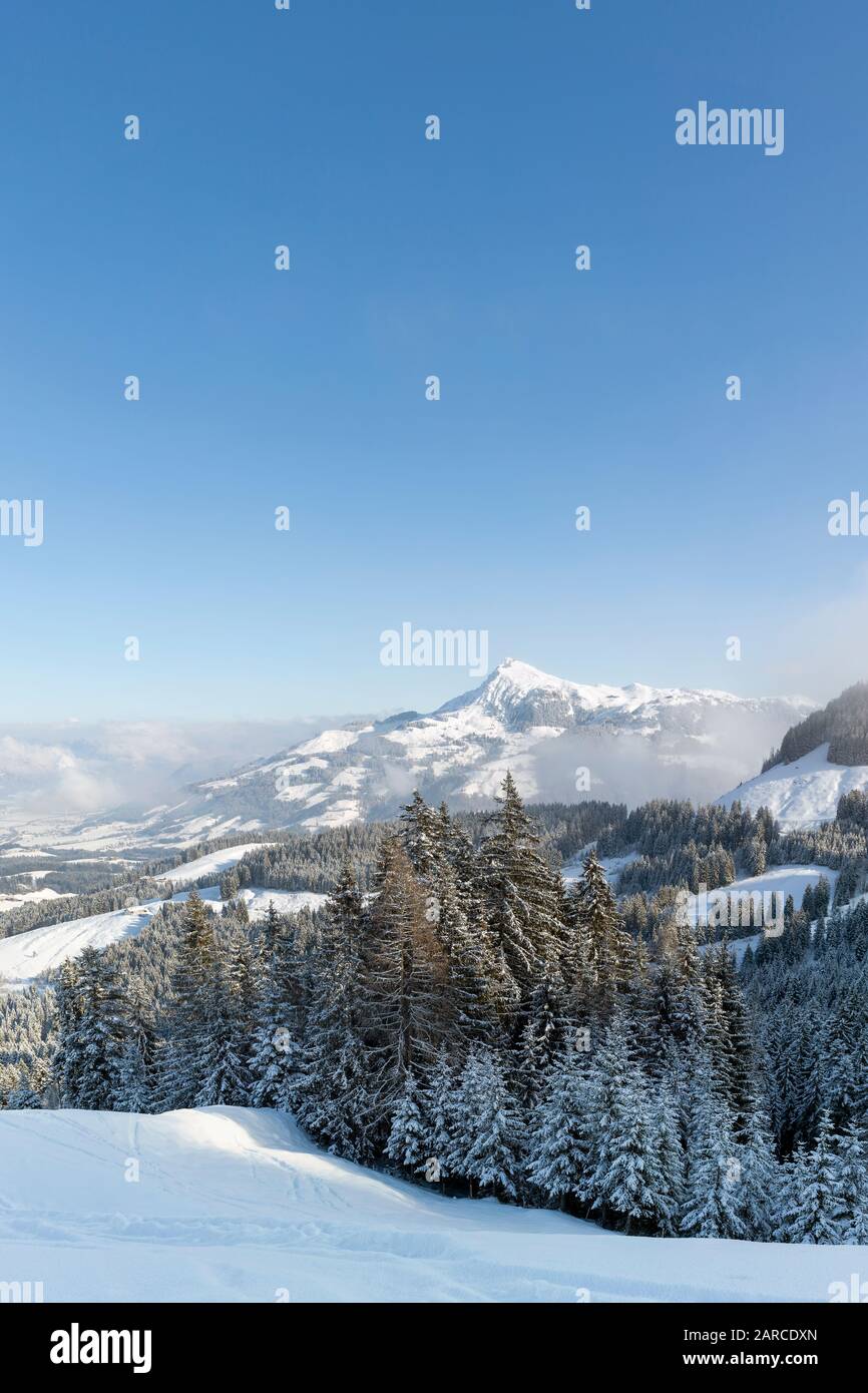 Vista invernale sulle Alpi di Kitzbuhel in Austria, incluso il Corno di Kitzbuheler con cielo blu chiaro sopra. Foto Stock