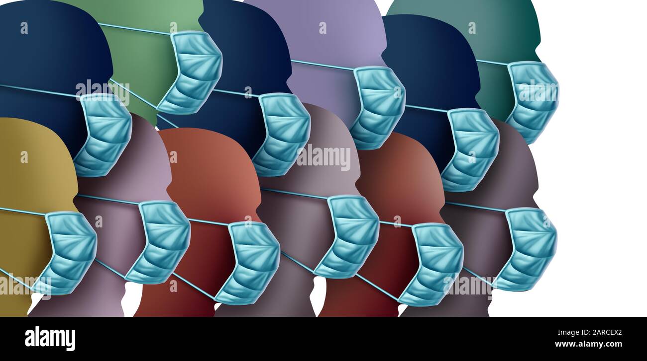Malattia pubblica contagiosa e popolazione mortale con una maschera chirurgica rischio di salute del virus e focolaio di influenza o coronavirus influenza come ceppo virale. Foto Stock Malattia pubblica contagiosa e popolazione mortale con una maschera chirurgica rischio di salute del virus e focolaio di influenza o coronavirus influenza come ceppo virale. Foto Stock
