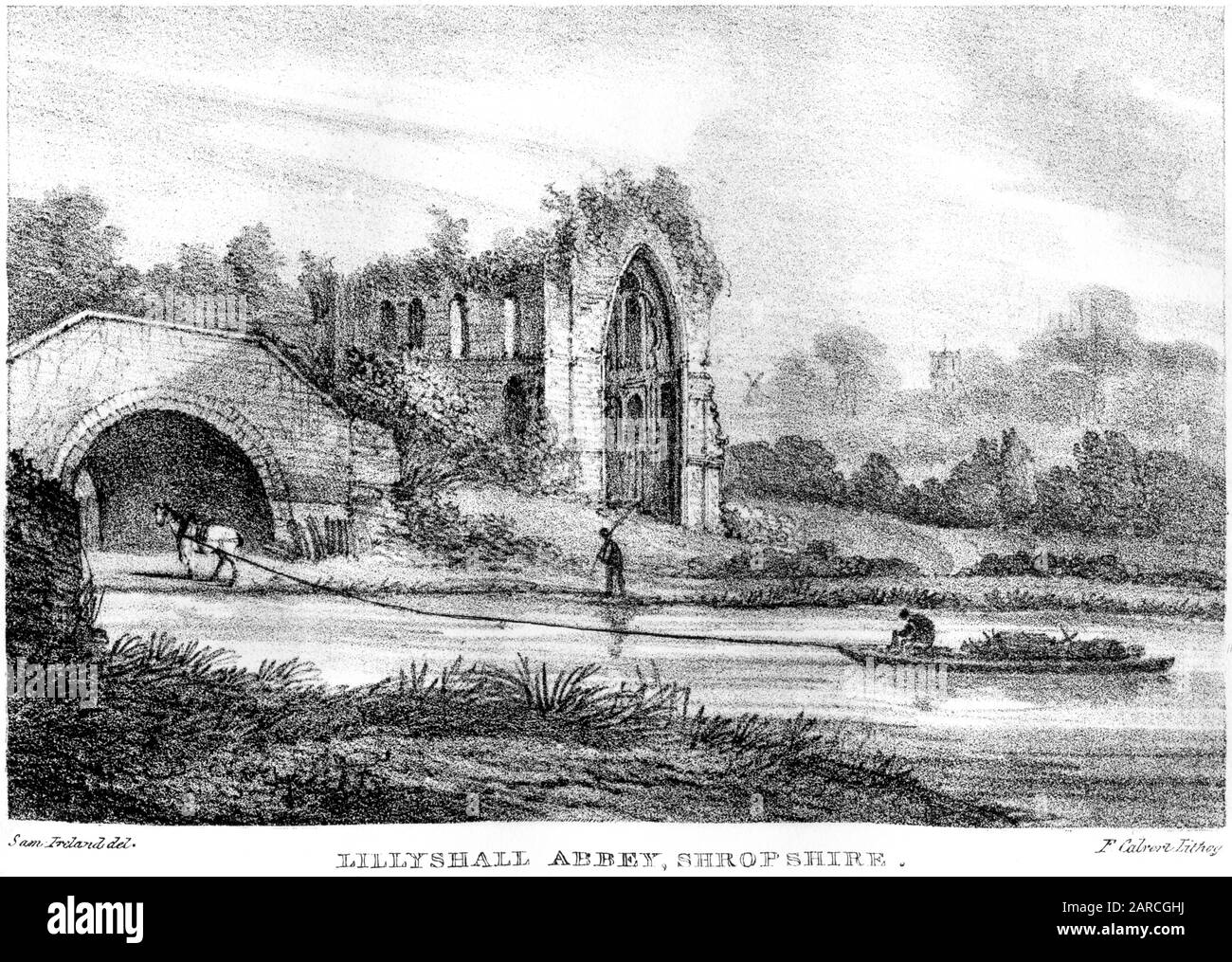 Una litografia di Lillyshal (Lilleshall) Abbey, Shropshire scannerizzato ad alta risoluzione. Da un libro stampato nel 1824. Creduto copyright libero. Foto Stock