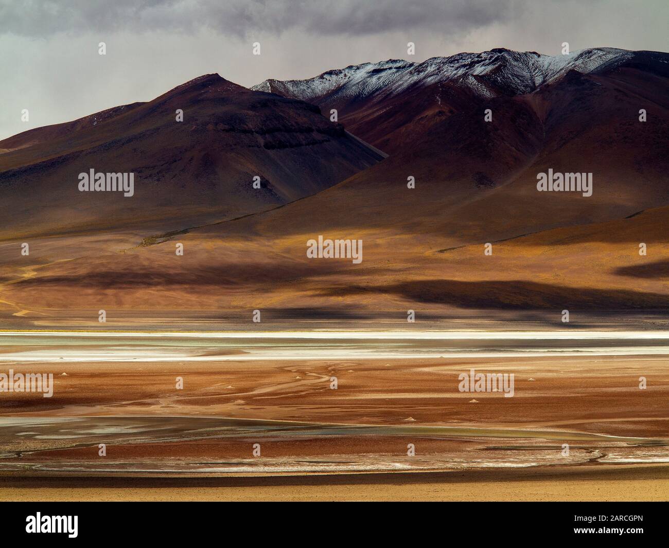Cime di neve a Ruta 27 vicino San Pedro de Atacama sulla strada per il confine Argentina a Paso Jama, Cile Foto Stock