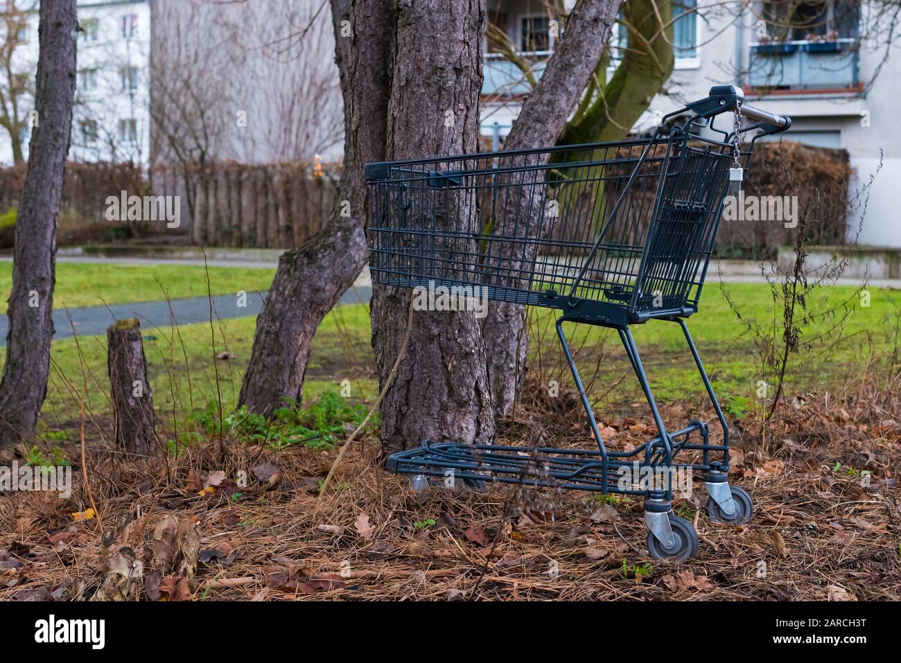I carrelli di shopping hanno lasciato sulla strada, carrelli di shopping abbandonati Foto Stock