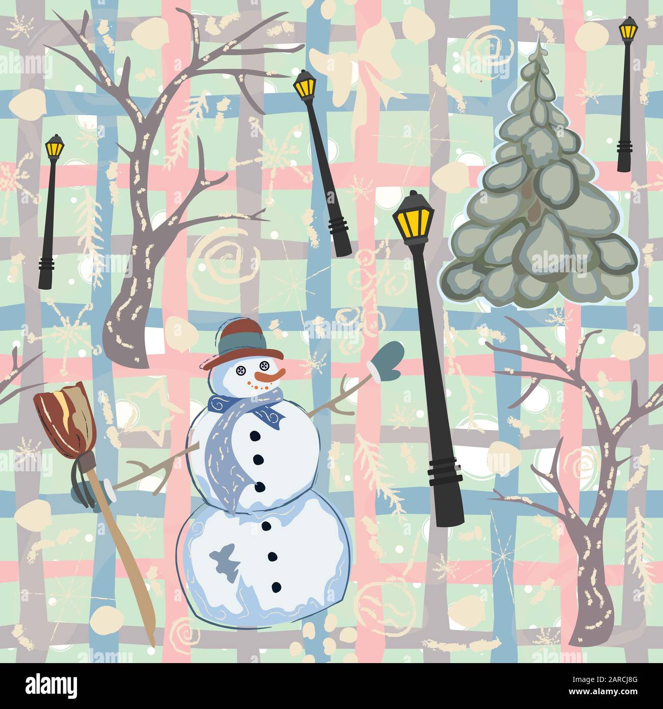 Seamless Pattern invernale con pupazzo di neve e abeti. Illustrazione Vettoriale Illustrazione Vettoriale