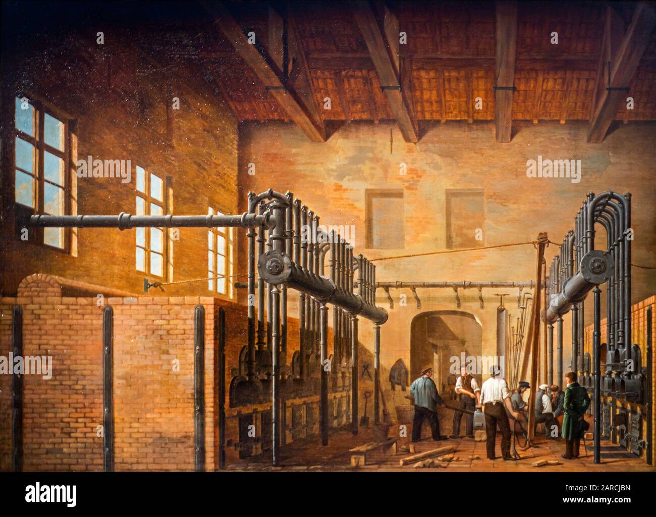 19th secolo pittura che mostra 1883 gasworks / gas casa, impianto industriale per la produzione di gas infiammabile Foto Stock