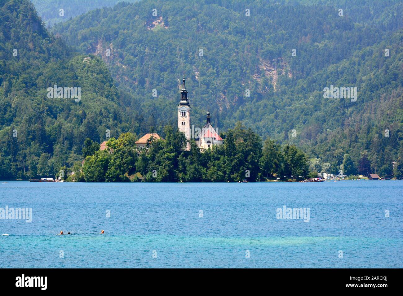 Slovenia, chiesa Marijinega Vnebovzetja sull'isola Blejski Otok - l'unica e unica isola in Slovenia Foto Stock