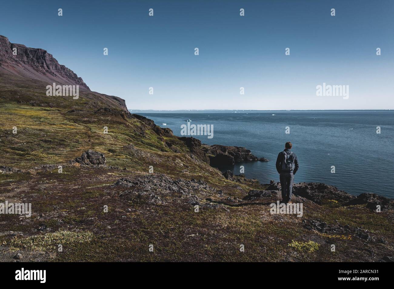 Giovane uomo escursionista nel paesaggio artico della baia di Disko in Greeland in estate. Cielo blu e prati verdi. Arctic Circle Trail con le montagne del tempio Foto Stock