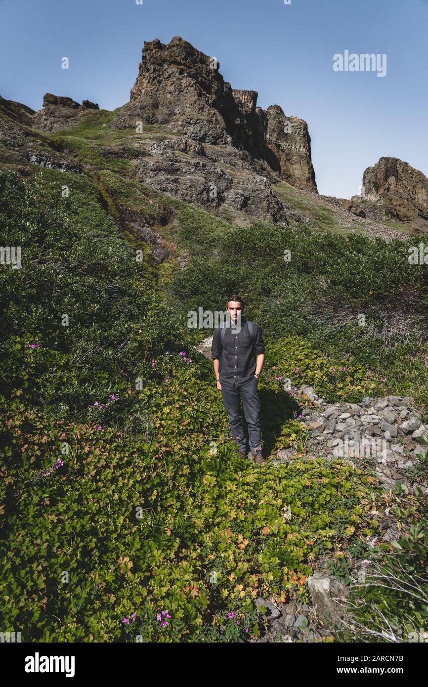 Giovane uomo escursionista nel paesaggio artico della baia di Disko in Greeland in estate. Cielo blu e prati verdi. Arctic Circle Trail con le montagne del tempio Foto Stock