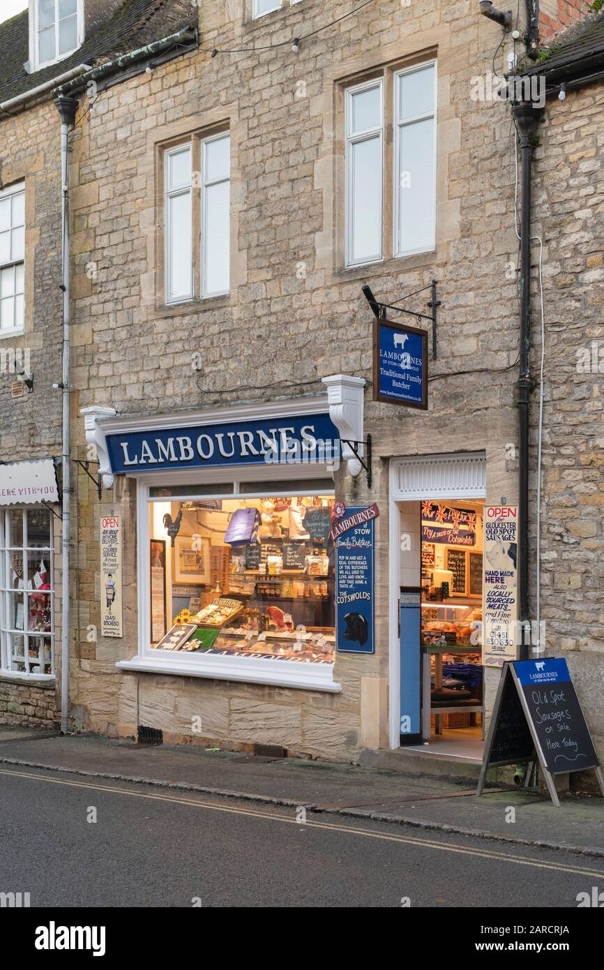 Famiglia Lambournes macellai shop, Stow on the Wold, Cotswolds, Gloucestershire, Inghilterra Foto Stock