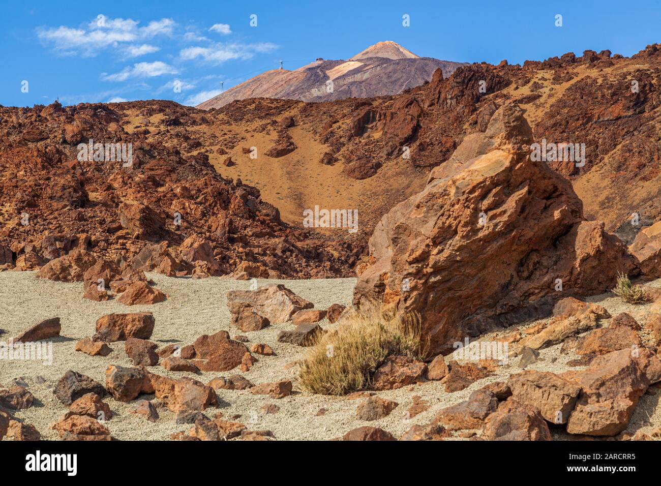 Vista della vetta del monte teide dal parco nazionale roccioso paesaggio lunare del deserto tenerife Spagna dal parco nazionale del monte teide Foto Stock