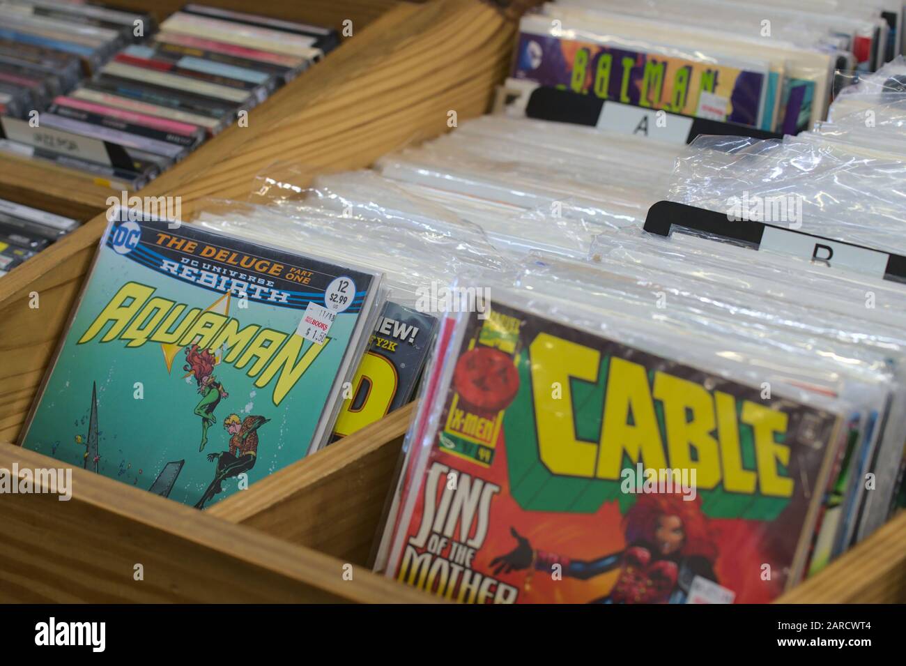 Fumetti in vendita in un negozio di fumetti a Houston, Texas Foto Stock