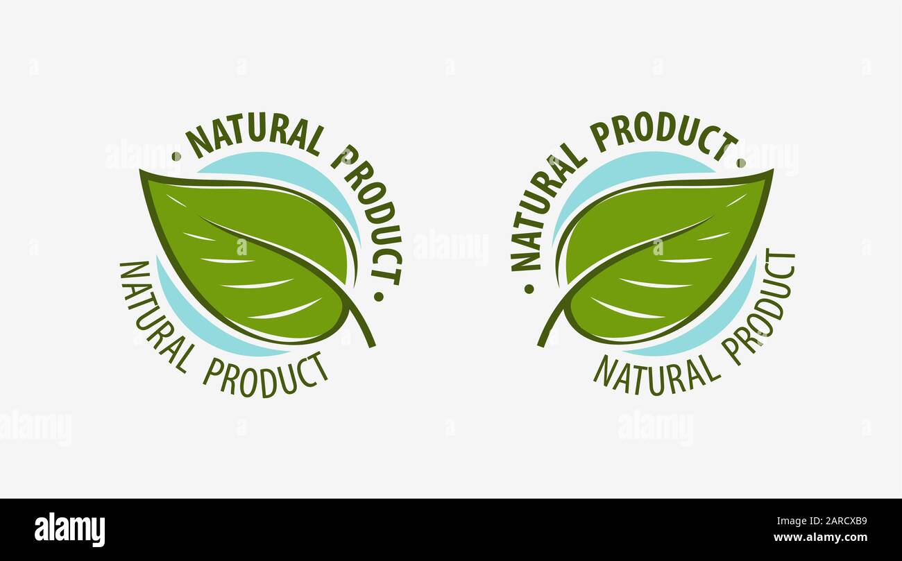Logo o etichetta del prodotto naturale. Illustrazione vettoriale del disegno del simbolo della foglia Illustrazione Vettoriale