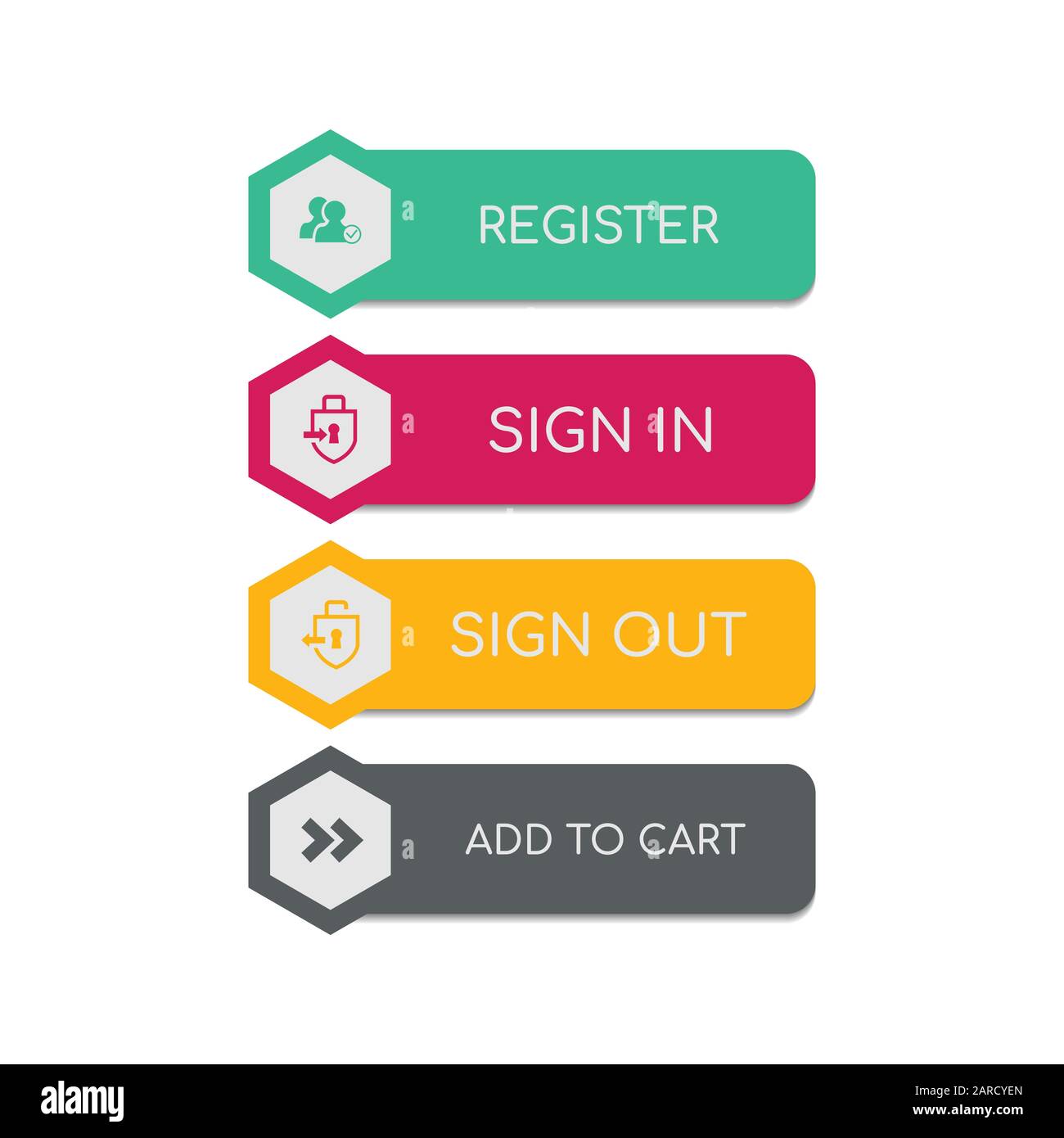 Pulsanti web design piatto. Web e ui applicazione colore icona pulsante per sito web moderno. I pulsanti impostati con diverse azioni. Icone vettoriali isolati su whi Illustrazione Vettoriale