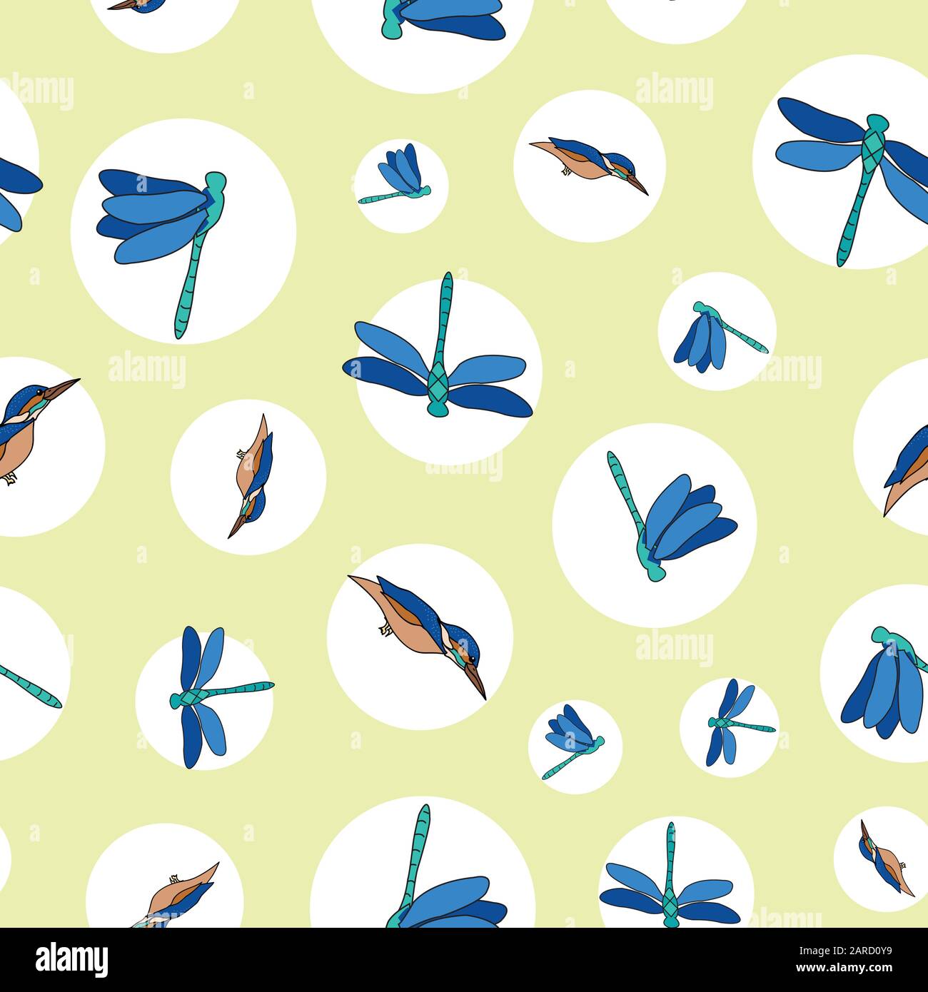 Pond Life in Circoli, libellule e Martin pescatore su ripetizione senza cuciture vettore modello, superficie verde disegno Illustrazione Vettoriale