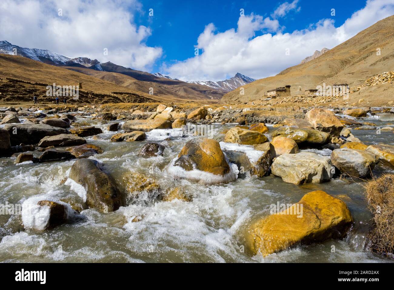 Fiume glaciale che attraversa le montagne di Dampo, Nepal Foto Stock