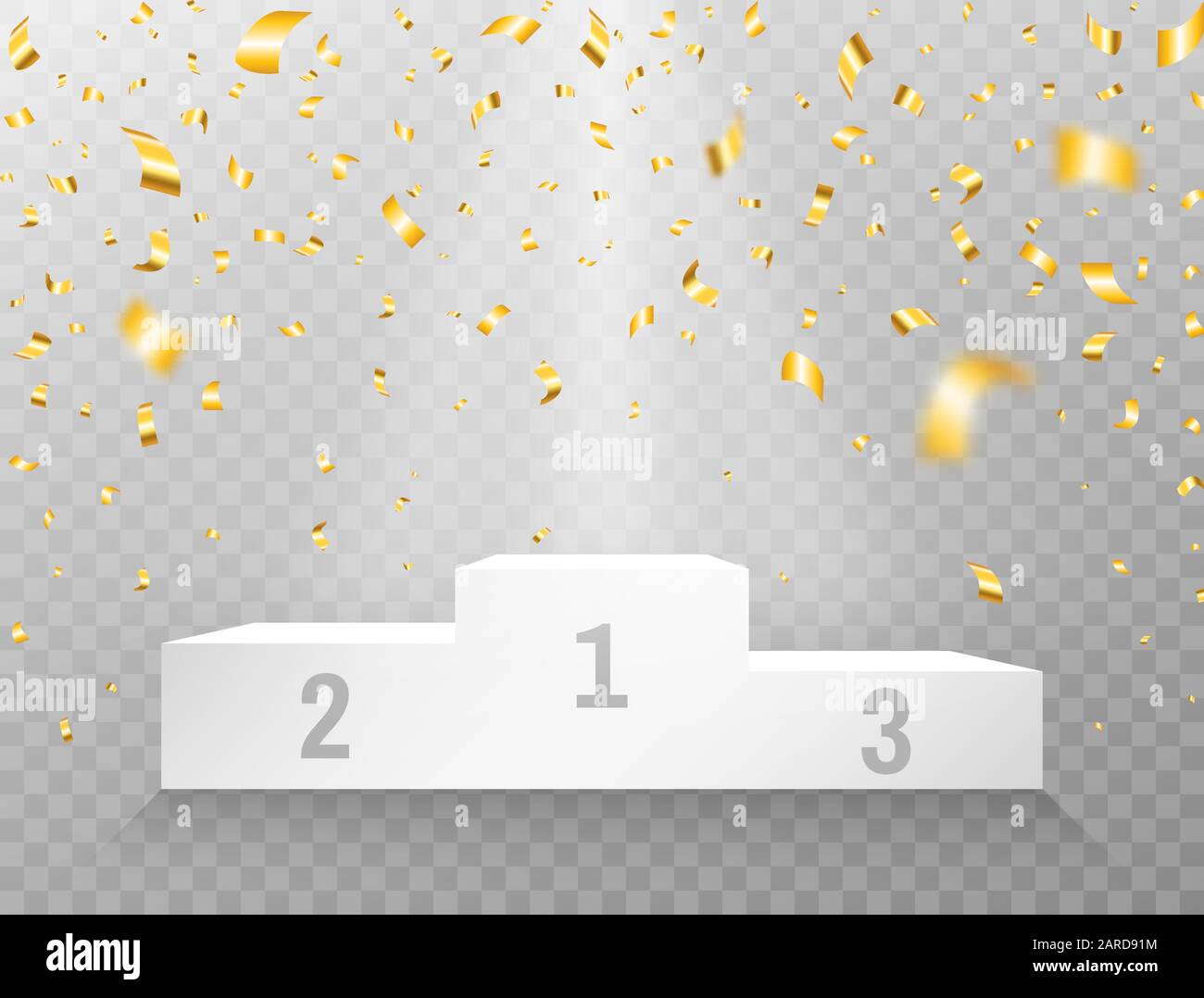 Podio realistico con oro confetti. Cerimonia di premiazione su sfondo trasparente. Piedistallo bianco con confetti cadenti. Sfondo vincente con effetto luce Illustrazione Vettoriale