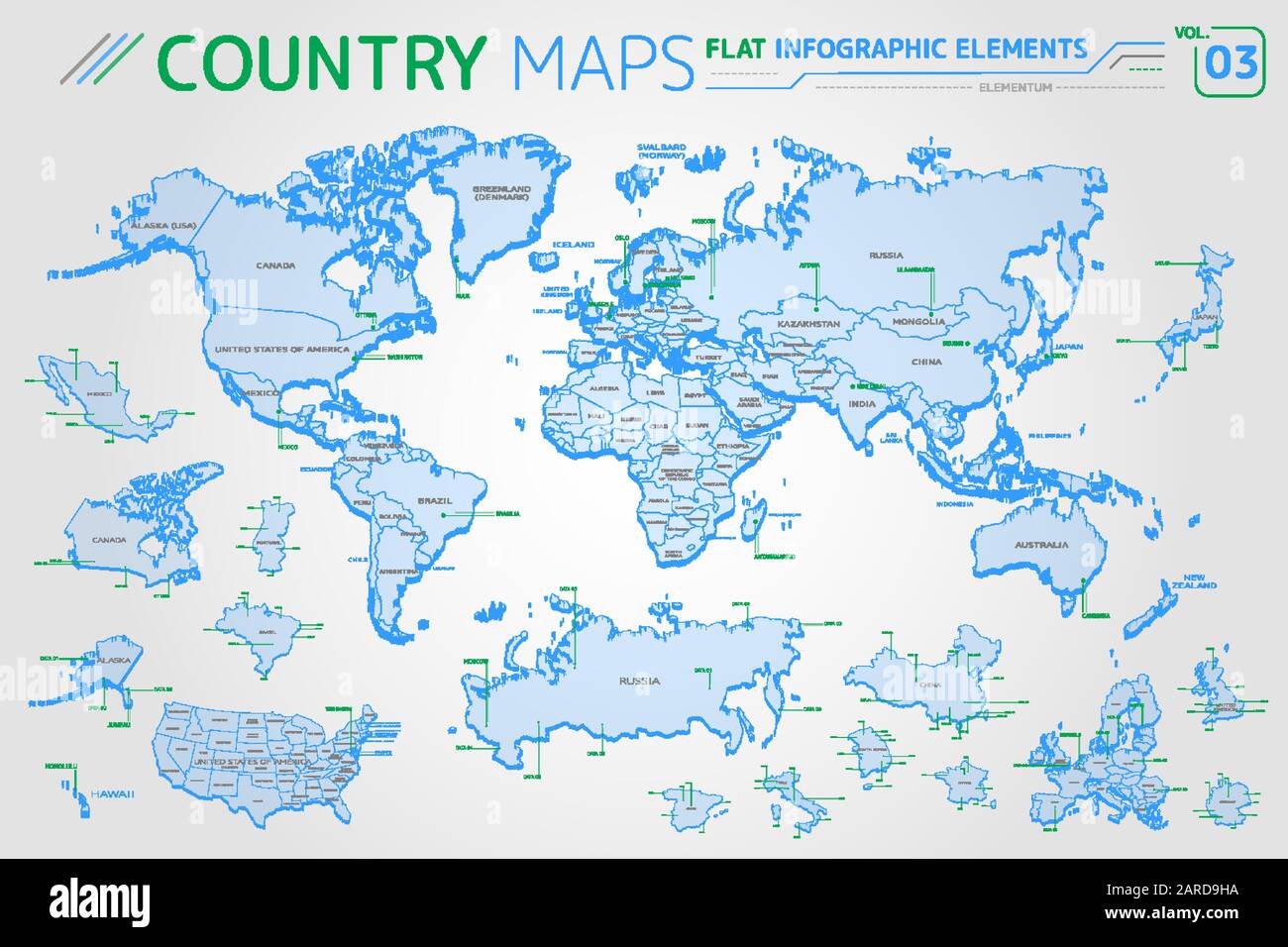 Mappe vettoriali per America, Asia, Africa, Europa, Australia, Oceania, Messico, Giappone, Canada, Brasile, Stati Uniti, Russia, Cina Illustrazione Vettoriale