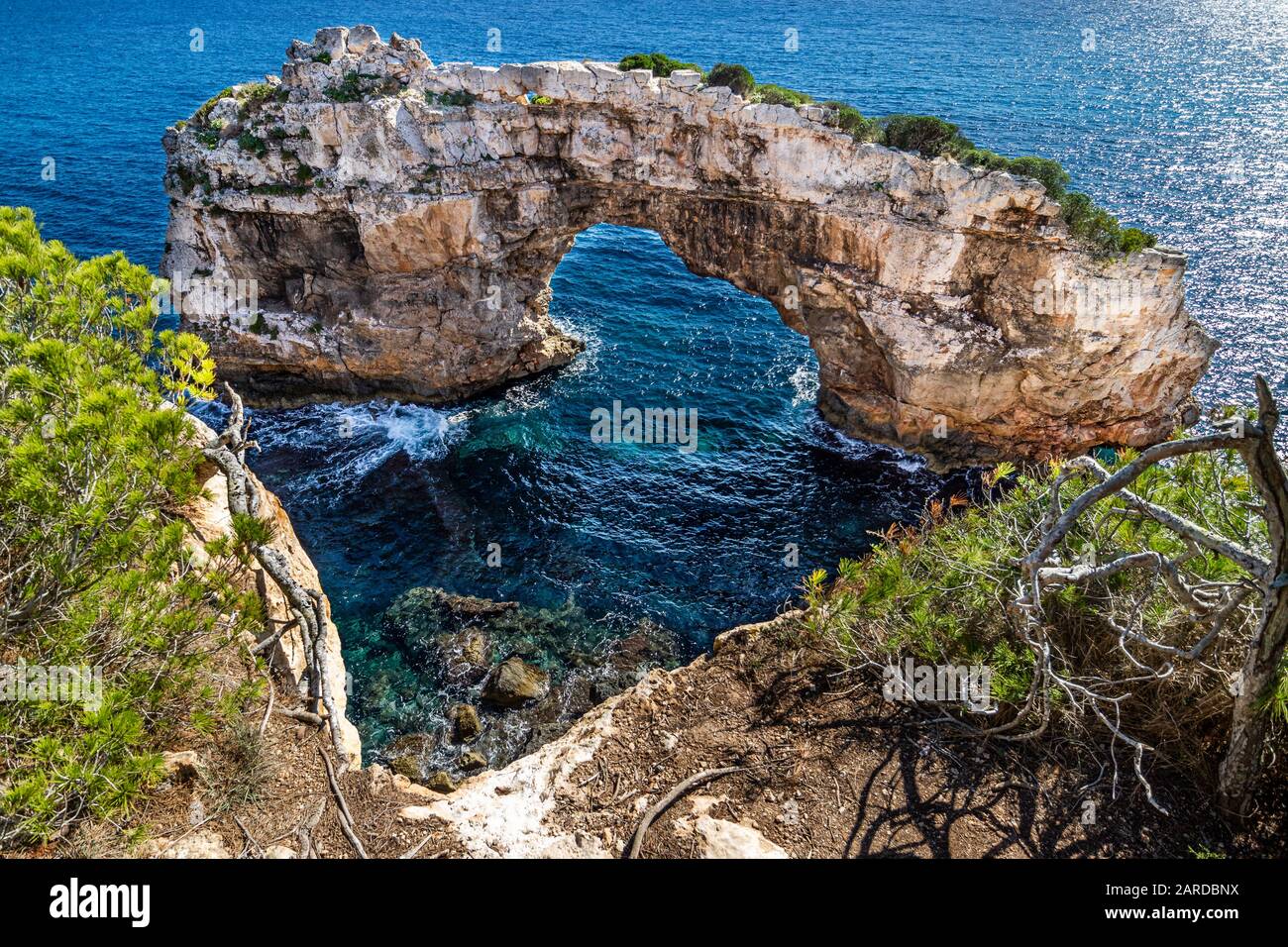 Es Pontàs, arco naturale sulla costa vicino a Cala Santanyí, Santanyí, Mallorca, Isole Baleari, Spagna, Europa Foto Stock