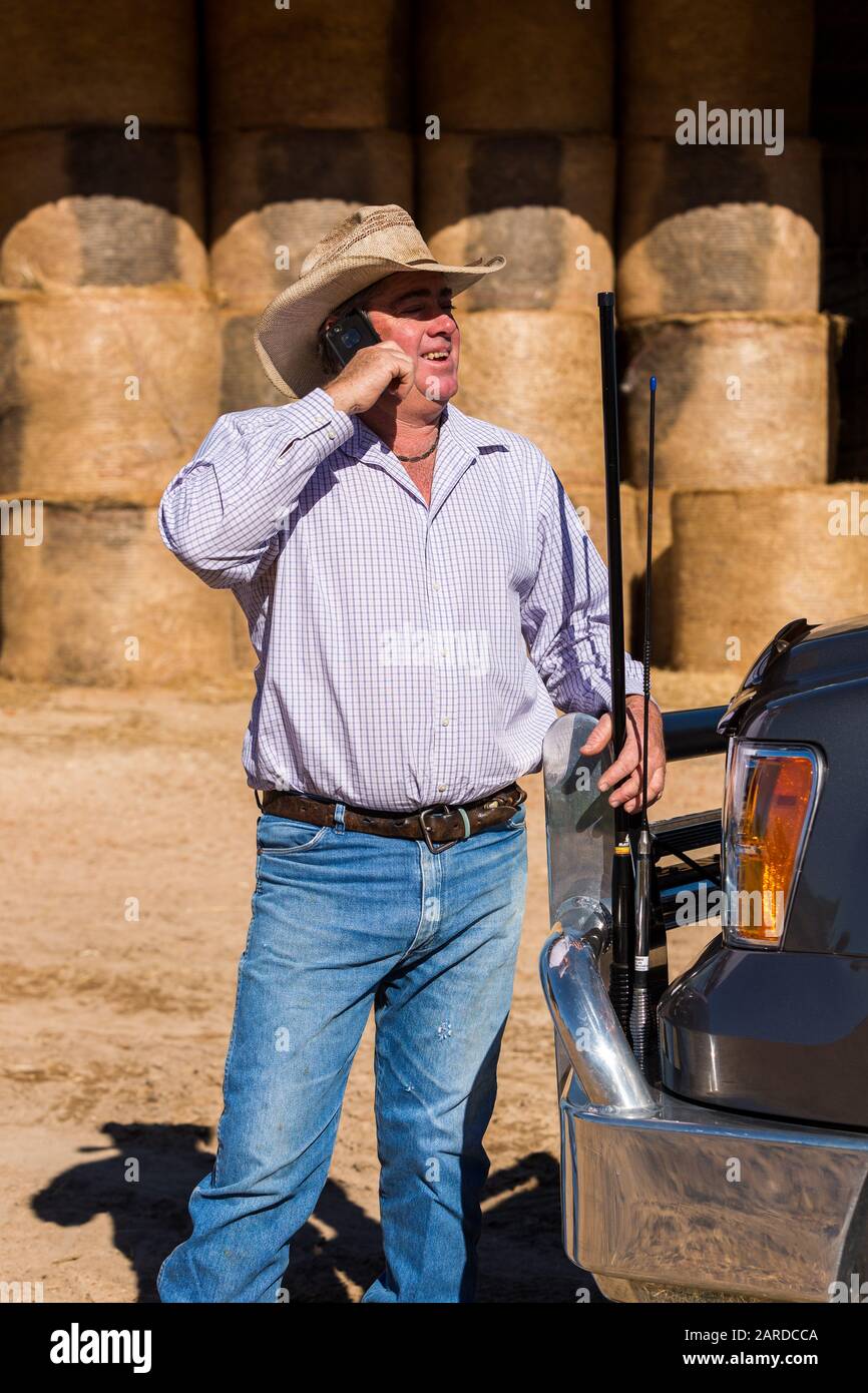 Farmer su cellulare vicino al camion con antenne Foto Stock