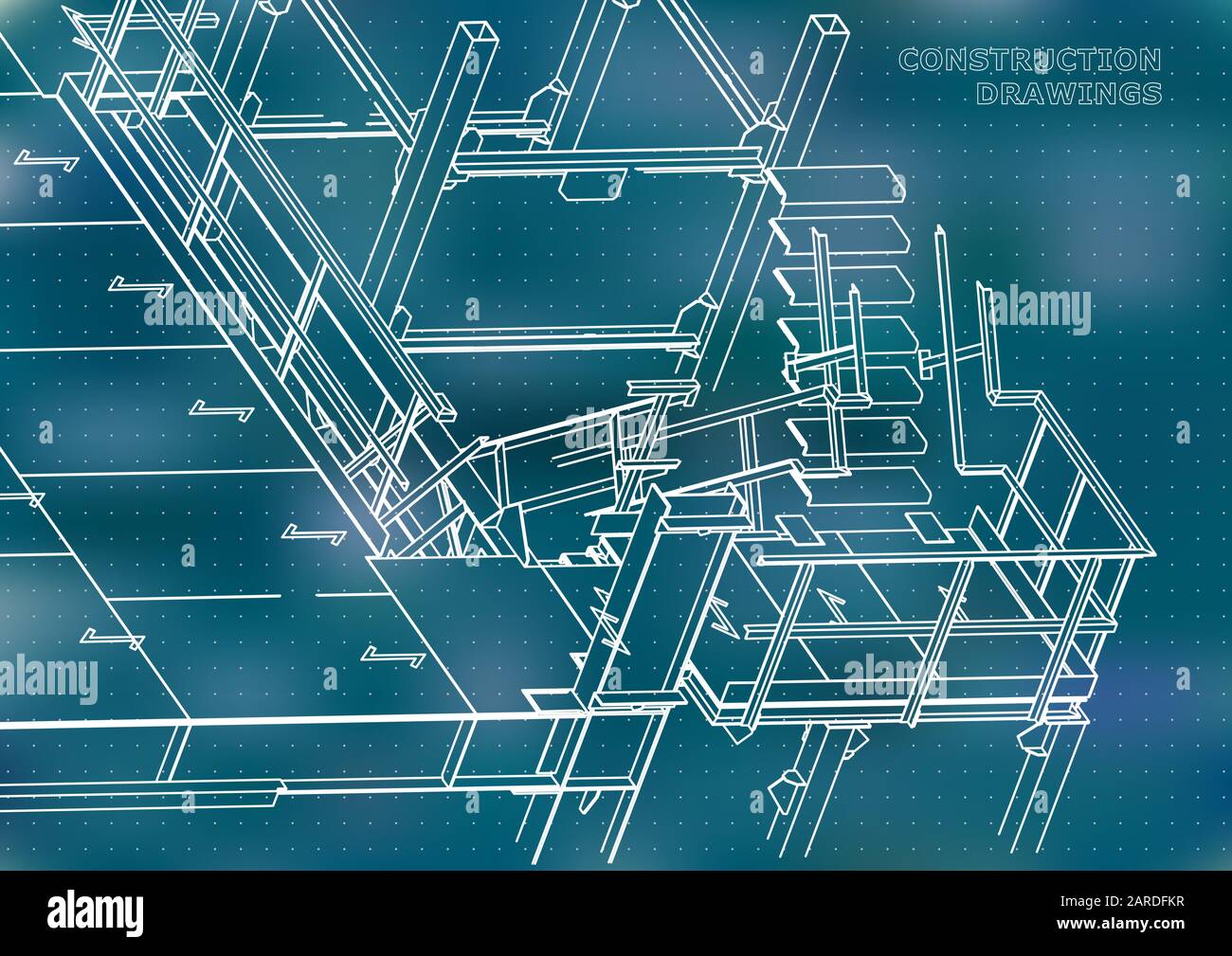 Edificio. Costruzioni metalliche. Costruzioni volumetriche. Design 3D. Sfondo astratto. Blu. Punti Illustrazione Vettoriale