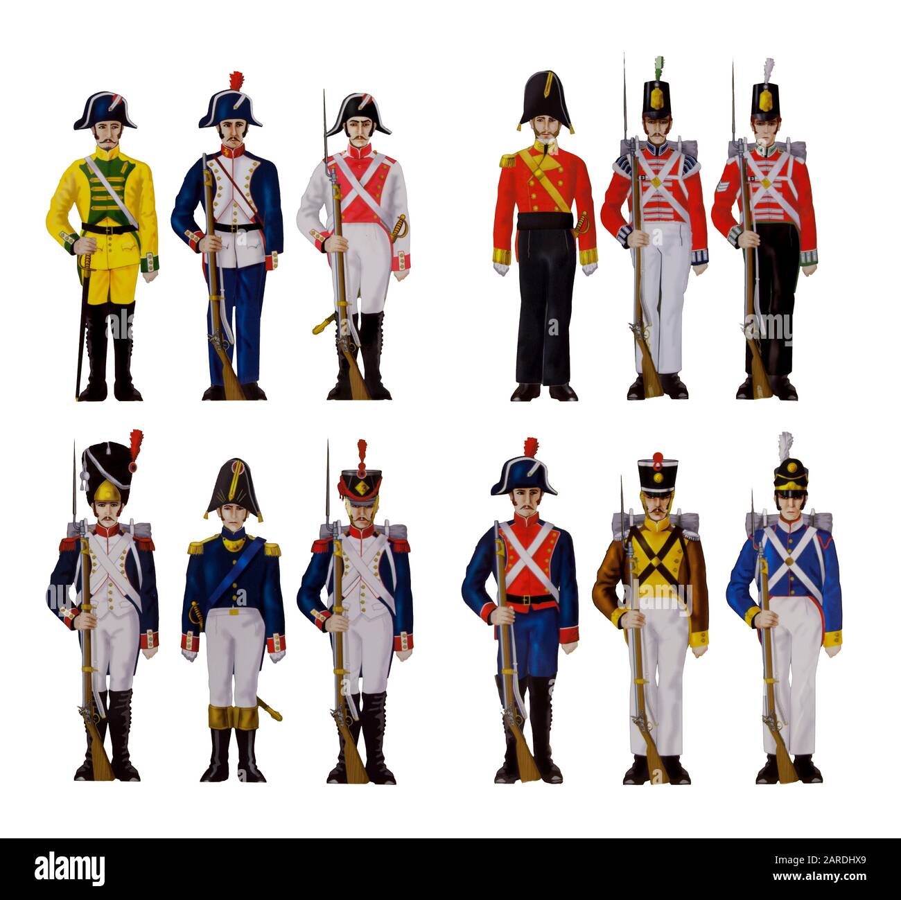 Uniformi della truppa di guerra peninsulare. Eserciti spagnoli, britannici, portoghesi e francesi. Illustrato da F. Blanco. Luis de Mor Foto Stock
