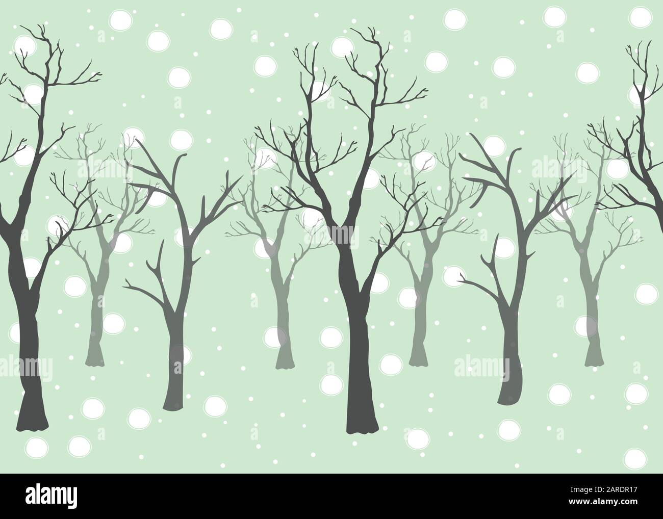 Inverno alberi dello sfondo. Paesaggio invernale con alberi, nebbia. Nuvoloso nebbioso giorno. Illustrazione Vettoriale