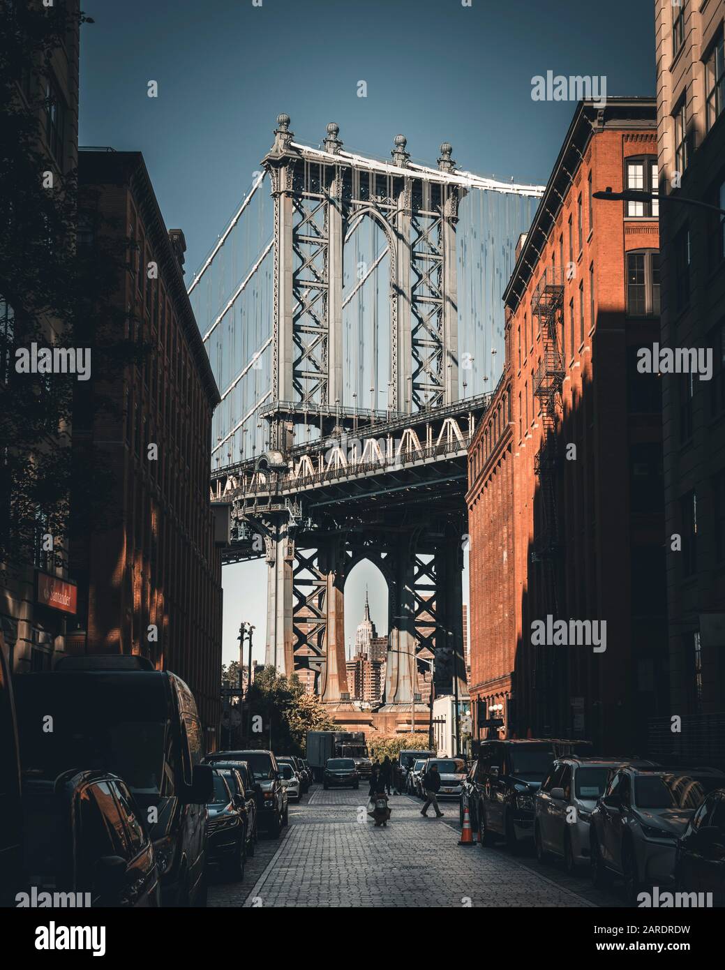 Manhattan Bridge da DUMBO, Brooklyn NY Foto Stock