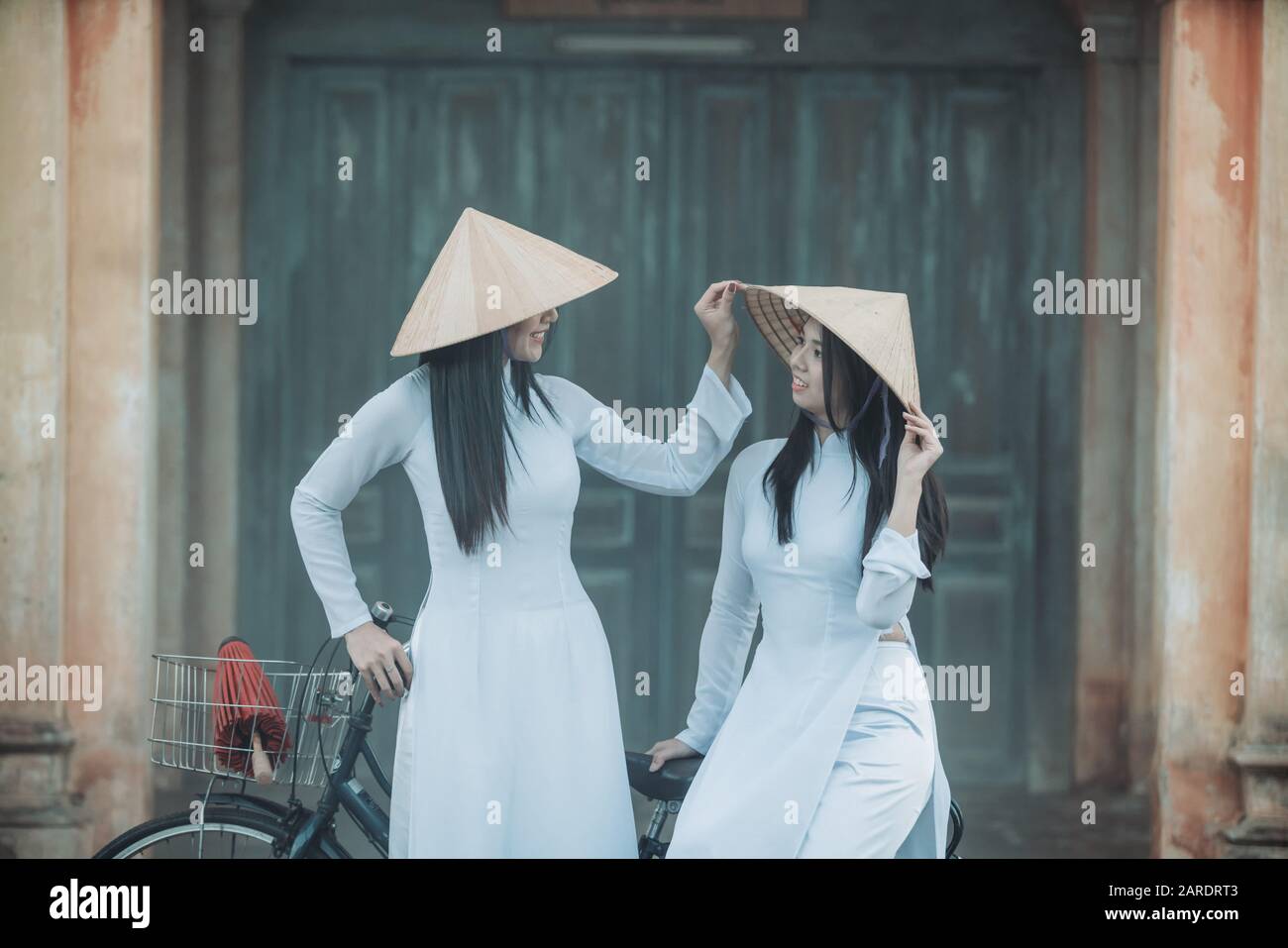 Due donne bella indossare Ao dai vietnamita abito tradizionale e allegro insieme Foto Stock