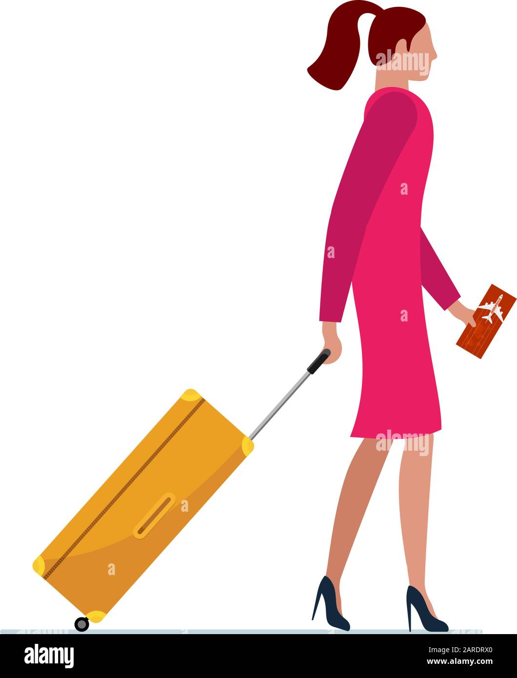 Giovane donna che viaggia a piedi con valigia e biglietto aereo. Donna in abito rosa con valigia andare a bordo in aereo. Illustrazione vettoriale del concetto di viaggio turistico dei passeggeri Illustrazione Vettoriale