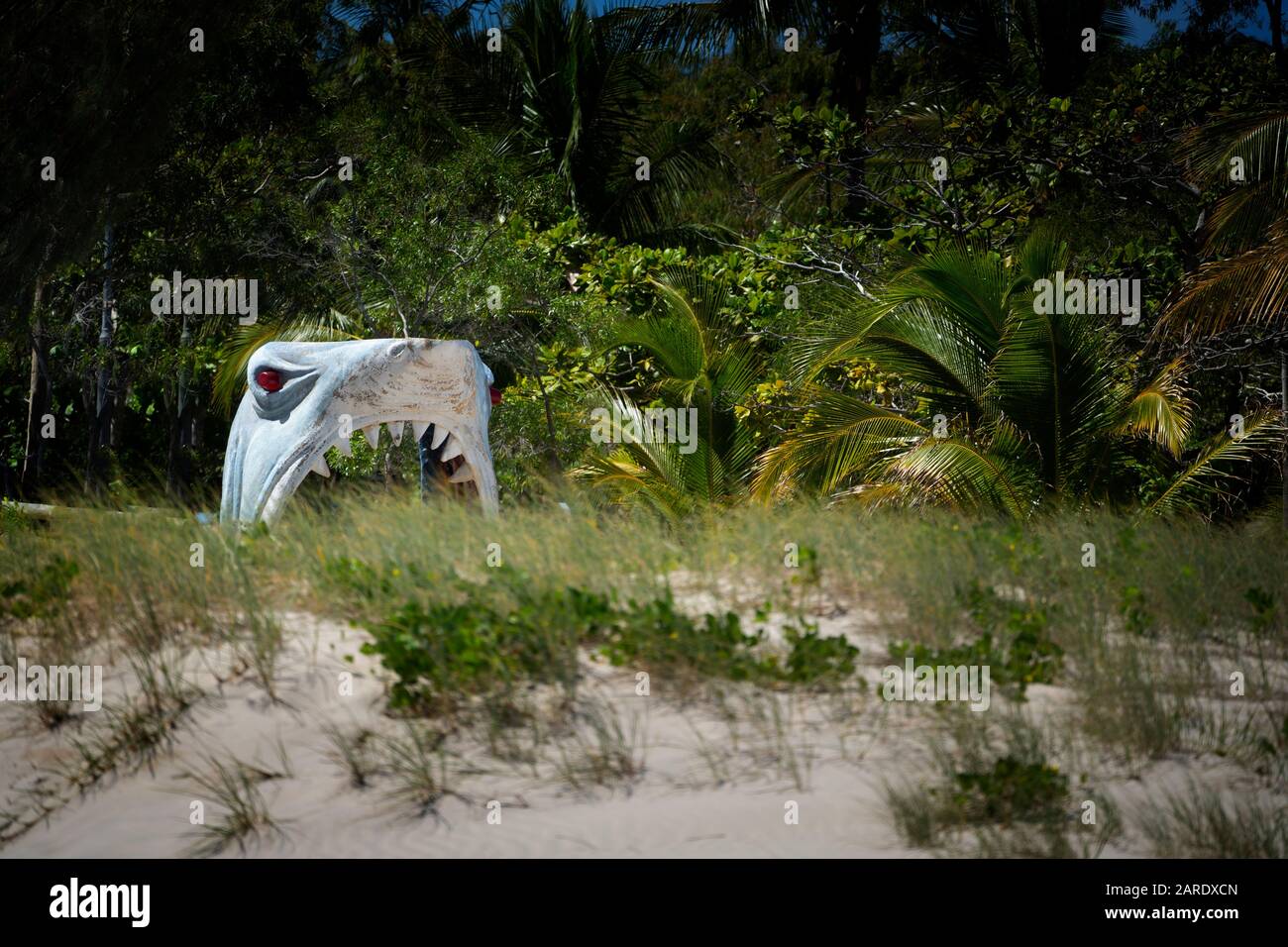 L'ingresso con la testina dello squalo Novelty accoglie i visitatori della Great Keppel Island, Queensland Foto Stock