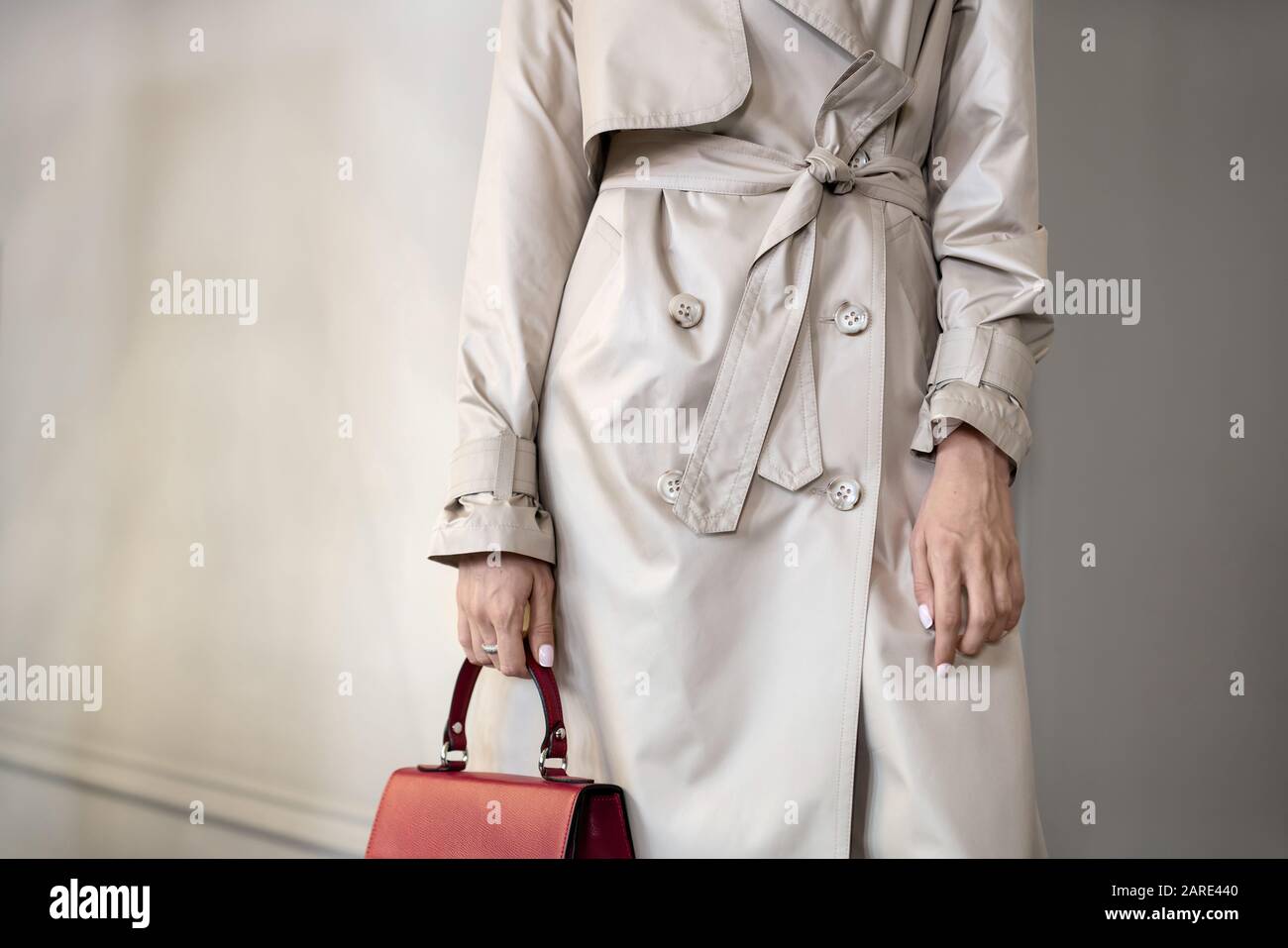 Modello vestito con abiti alla moda che si posano all'interno Foto Stock