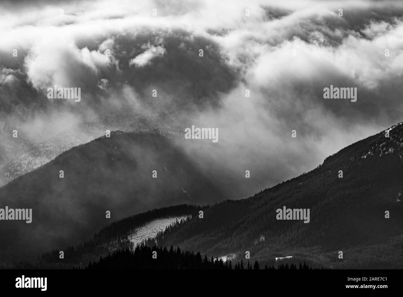 Foto d'arte del paesaggio alpino invernale. Montagne Carpazi, Ucraina Foto Stock